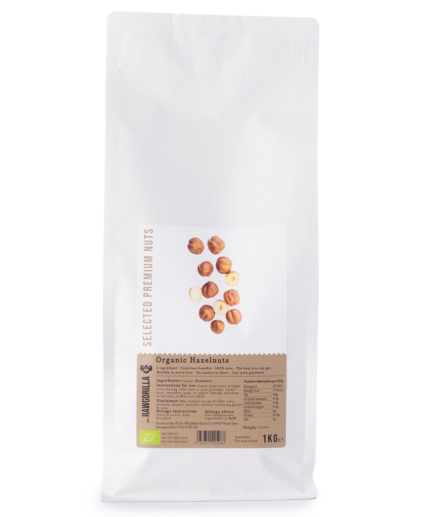 Organic hazelnuts from RAWGORILLA in a 1kg package, shown in a close-up view with whole, raw hazelnuts and shell details.