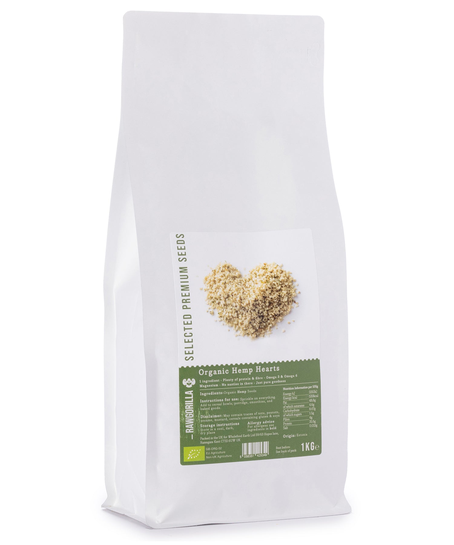 Organic hemp hearts by RAWGORILLA in 1kg package, whole food earth, showing raw hemp seed kernels on a white background.