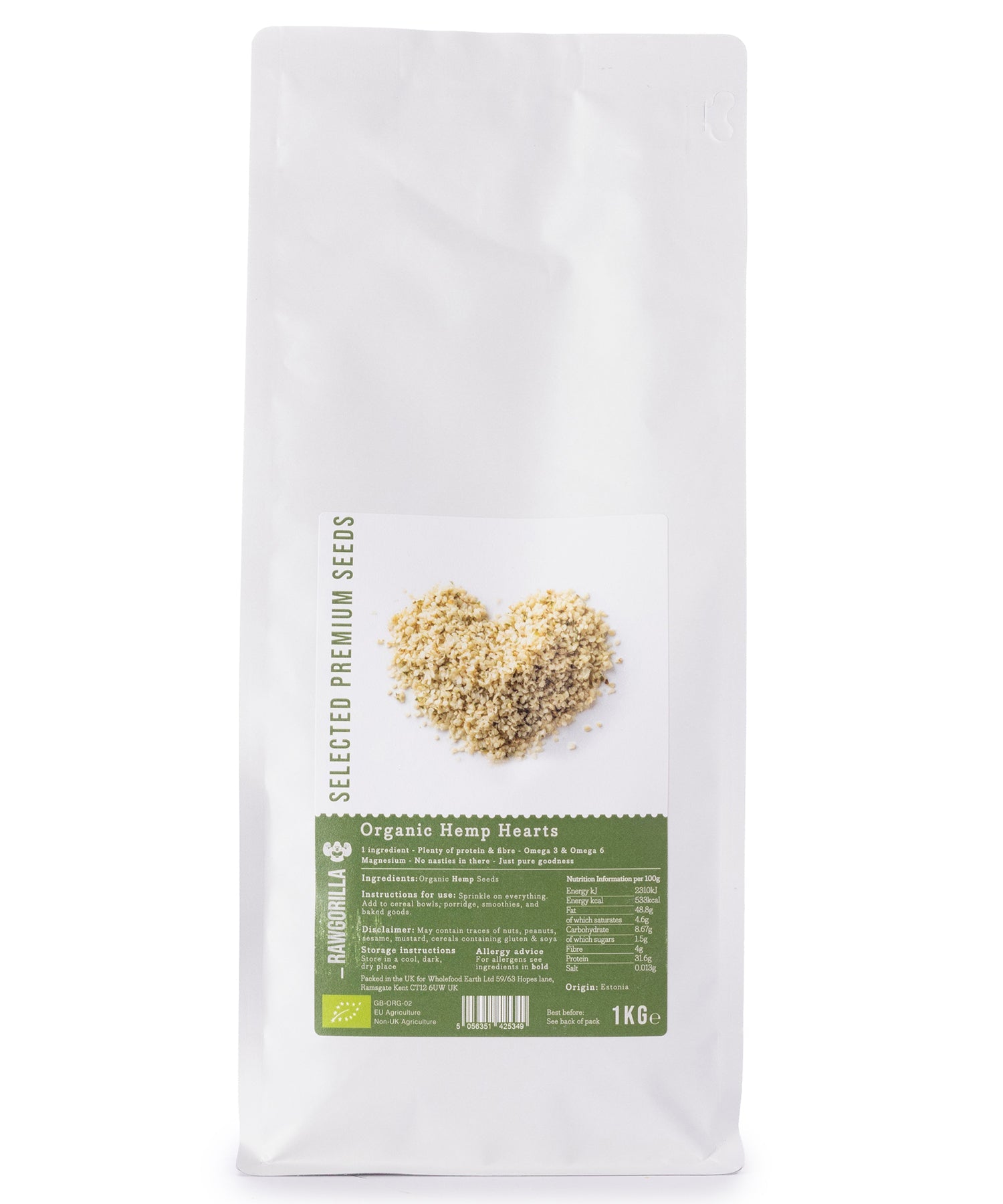 Organic hemp hearts from RAWGORILLA, 1kg package, showcasing raw, whole hemp seeds in a natural, unprocessed state.