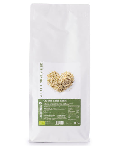 Organic hemp hearts from RAWGORILLA, 1kg package, showcasing raw, whole hemp seeds in a natural, unprocessed state.
