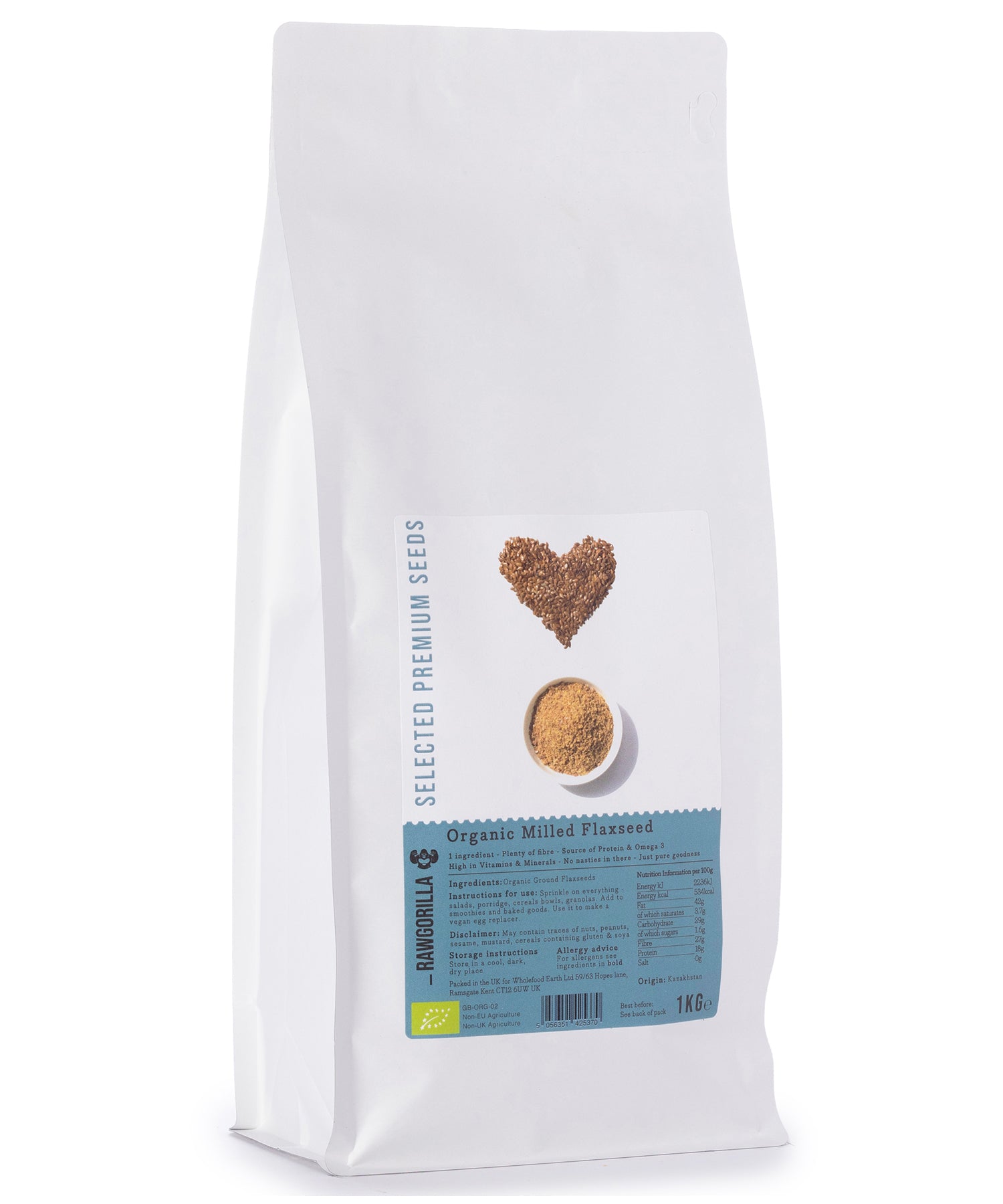 Organic milled flaxseeds from RAWGORILLA in a 1kg package, highlighted as a nutritious nuts and seeds product by Whole Food Earth.