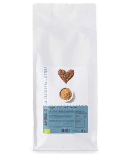 Organic milled flaxseeds from RAWGORILLA in 1kg package, showing golden ground flaxseed close-up, part of Whole Food Earth nuts and seeds.