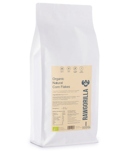 Organic natural corn flakes cereal from RAWGORILLA in 500g pack, made by Whole Food Earth, showing crispy corn flakes in a bowl.