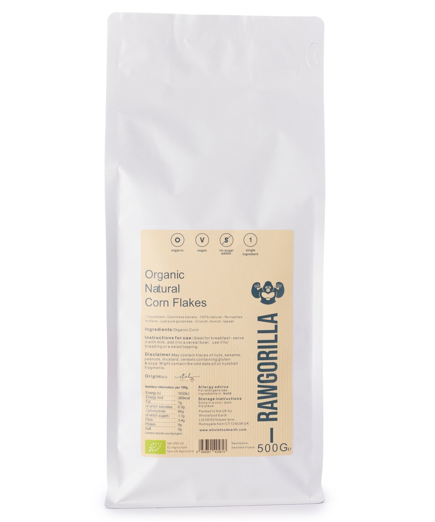 Organic natural corn flakes cereal by RAWGORILLA in a 500g package, made by Whole Food Earth, showing golden corn flakes on the box