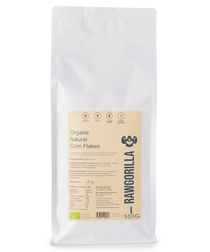 Organic natural corn flakes cereal by RAWGORILLA in a 500g package, made by Whole Food Earth, showing golden corn flakes on the box
