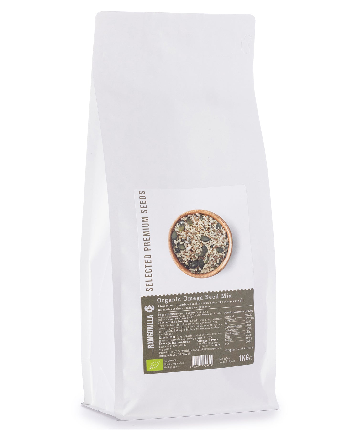 Organic Omega Seed Mix by Whole Food Earth, raw nuts and seeds mix in a 1kg package, rich in healthy omega fatty acids.