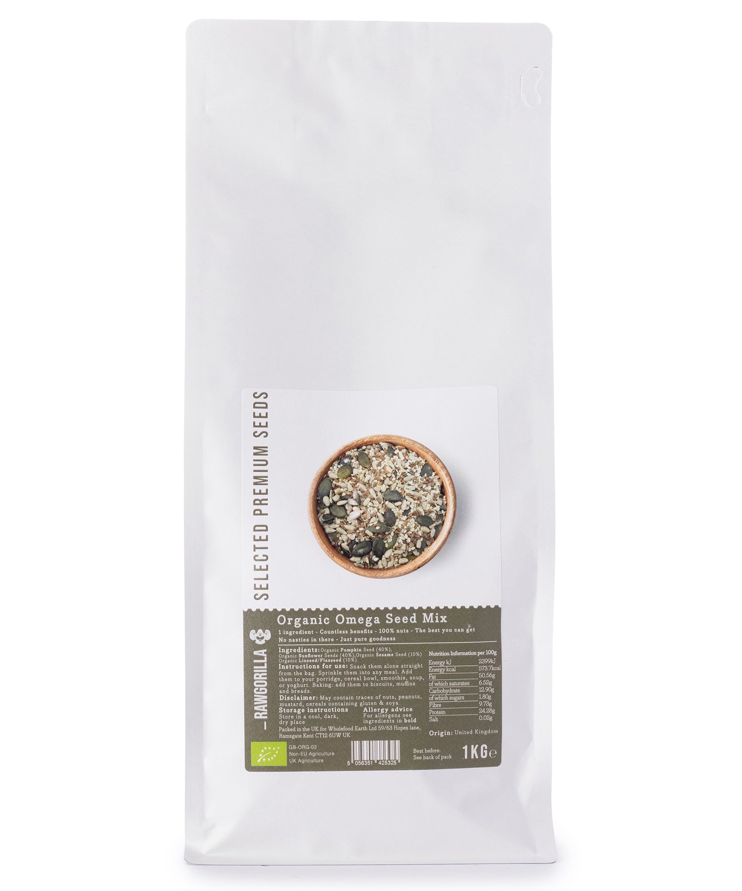 Organic Omega Seed Mix from RAWGORILLA by Whole Food Earth, 1kg, featuring a variety of raw nuts and seeds in a clear bowl.