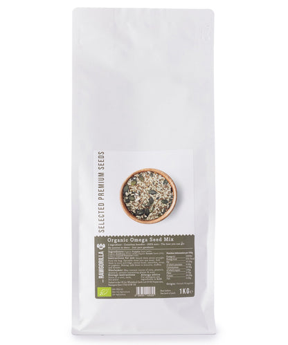 Organic Omega Seed Mix from RAWGORILLA by Whole Food Earth, 1kg, featuring a variety of raw nuts and seeds in a clear bowl.
