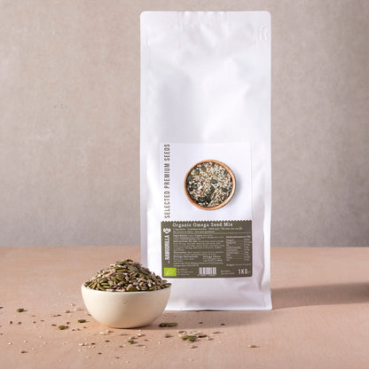 Organic Omega Seed Mix by RAWGORILLA in 1kg bag, featuring a variety of raw nuts and seeds for healthy snacking.