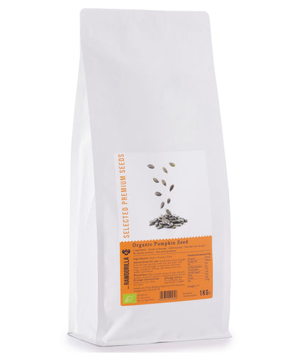 Raw organic pumpkin seeds from RAWGORILLA in 1kg package, versatile nuts and seeds by Whole Food Earth.