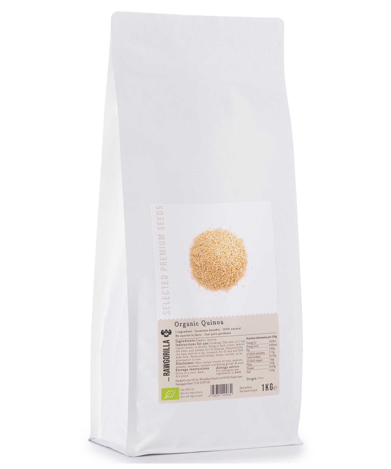 Organic RAWGORILLA quinoa in a 1kg package from Whole Food Earth, showing the raw light-colored grains.