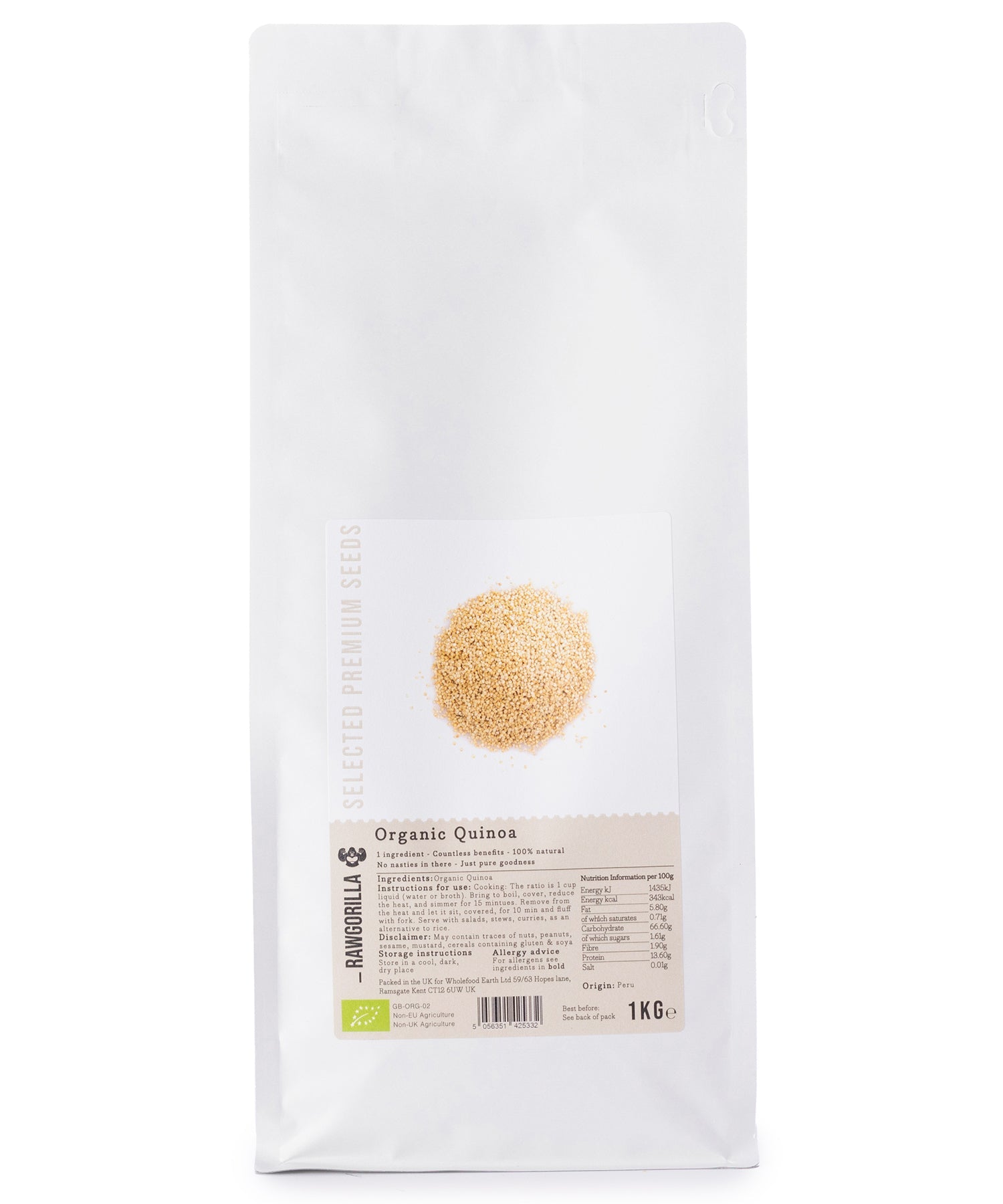 Raw organic quinoa grains in a clear bowl, from RAWGORILLA by Whole Food Earth, 1kg package, suitable for healthy cooking and salads.