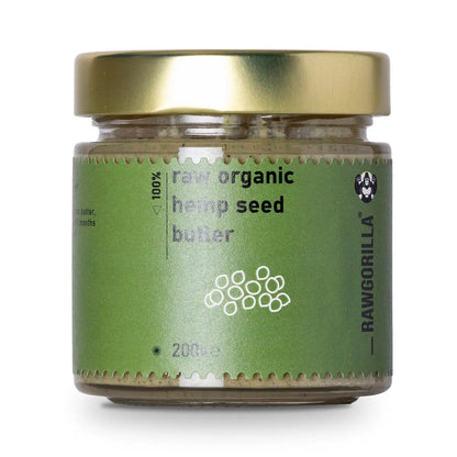Organic hemp seed butter from RAWGORILLA in a jar, ideal for dips and spreads, by Whole Food Earth.