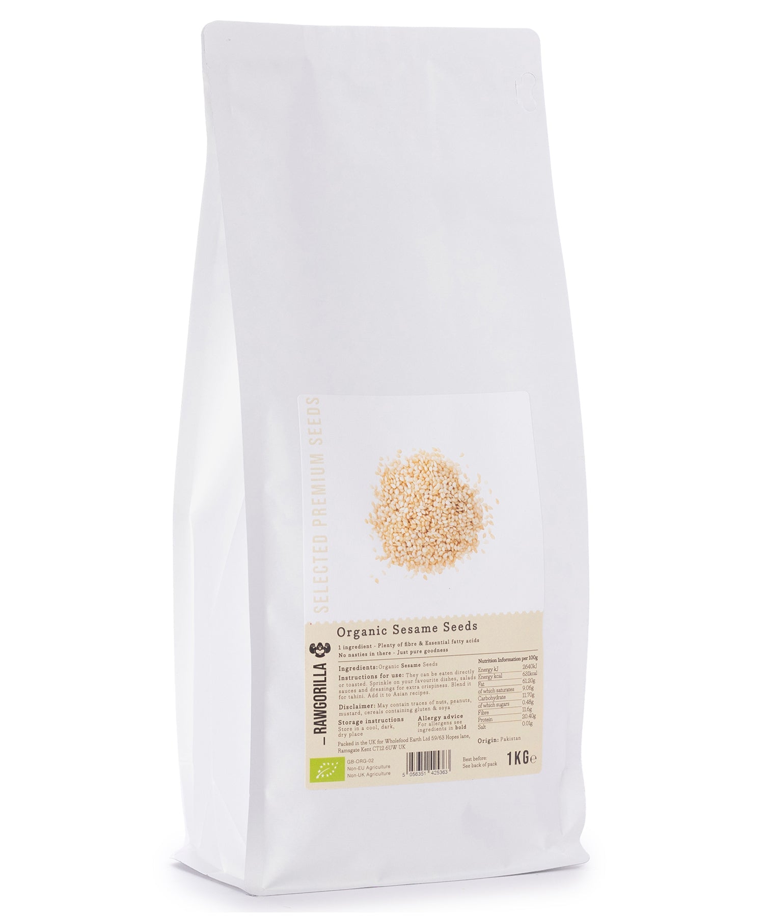 Organic sesame seeds from RAWGORILLA in a 1kg package, shown in a clear image with light-colored seeds and a natural appearance.