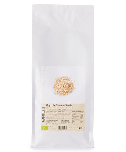 Raw Gorilla organic sesame seeds in a 1kg bag, close-up view of small, tan seeds from Whole Food Earth.