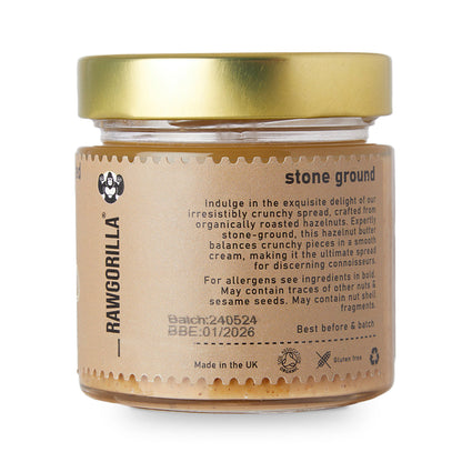 Organic toasted hazelnut butter by RAWGORILLA in a jar, creamy nut butter with a smooth texture and rich hazelnut flavor.