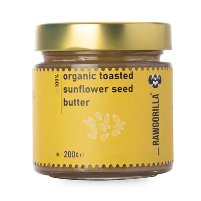 Organic toasted sunflower seed butter in a jar, natural spread from RAWGORILLA, perfect for dips and healthy snacks.