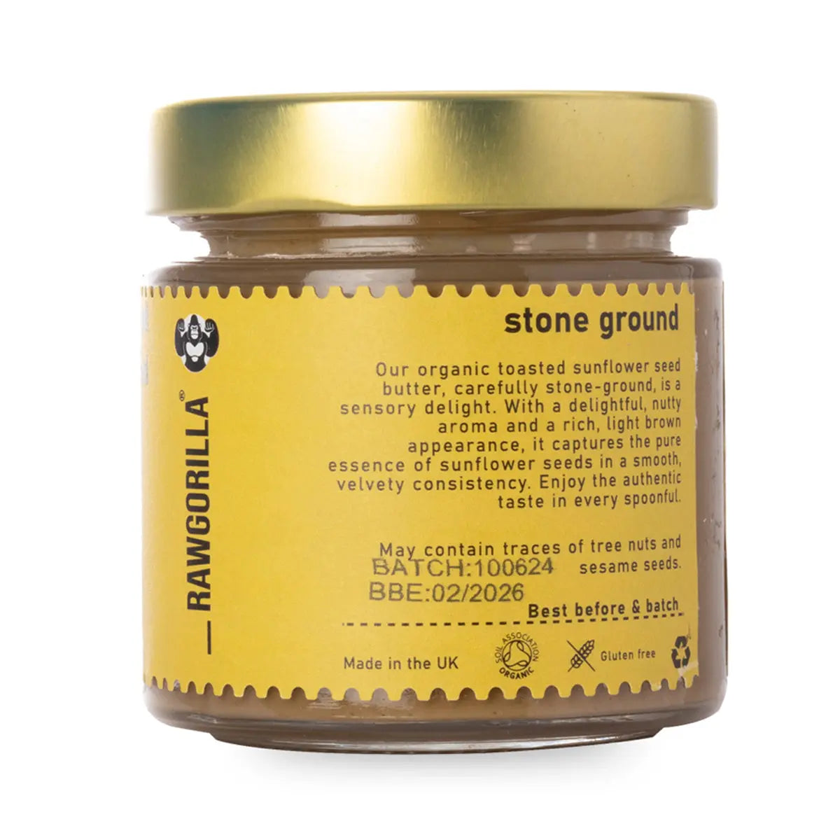 Organic toasted sunflower seed butter by RAWGORILLA, a natural dip and spread from Whole Food Earth, shown in a jar with a spoon