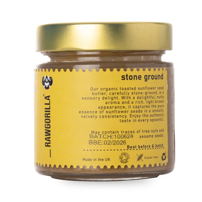 Organic toasted sunflower seed butter by RAWGORILLA, a natural dip and spread from Whole Food Earth, shown in a jar with a spoon