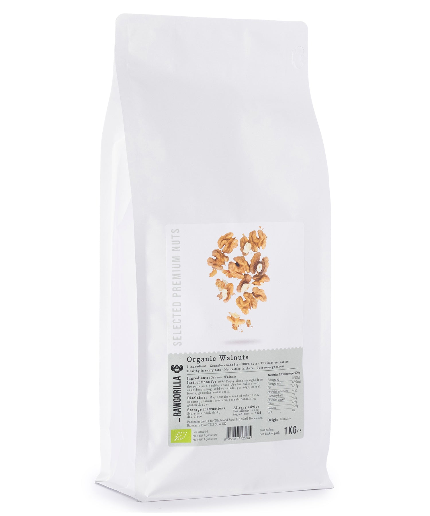 Raw organic walnuts from RAWGORILLA in a 1kg pack, featuring whole, natural walnuts in the Nuts & Seeds category.