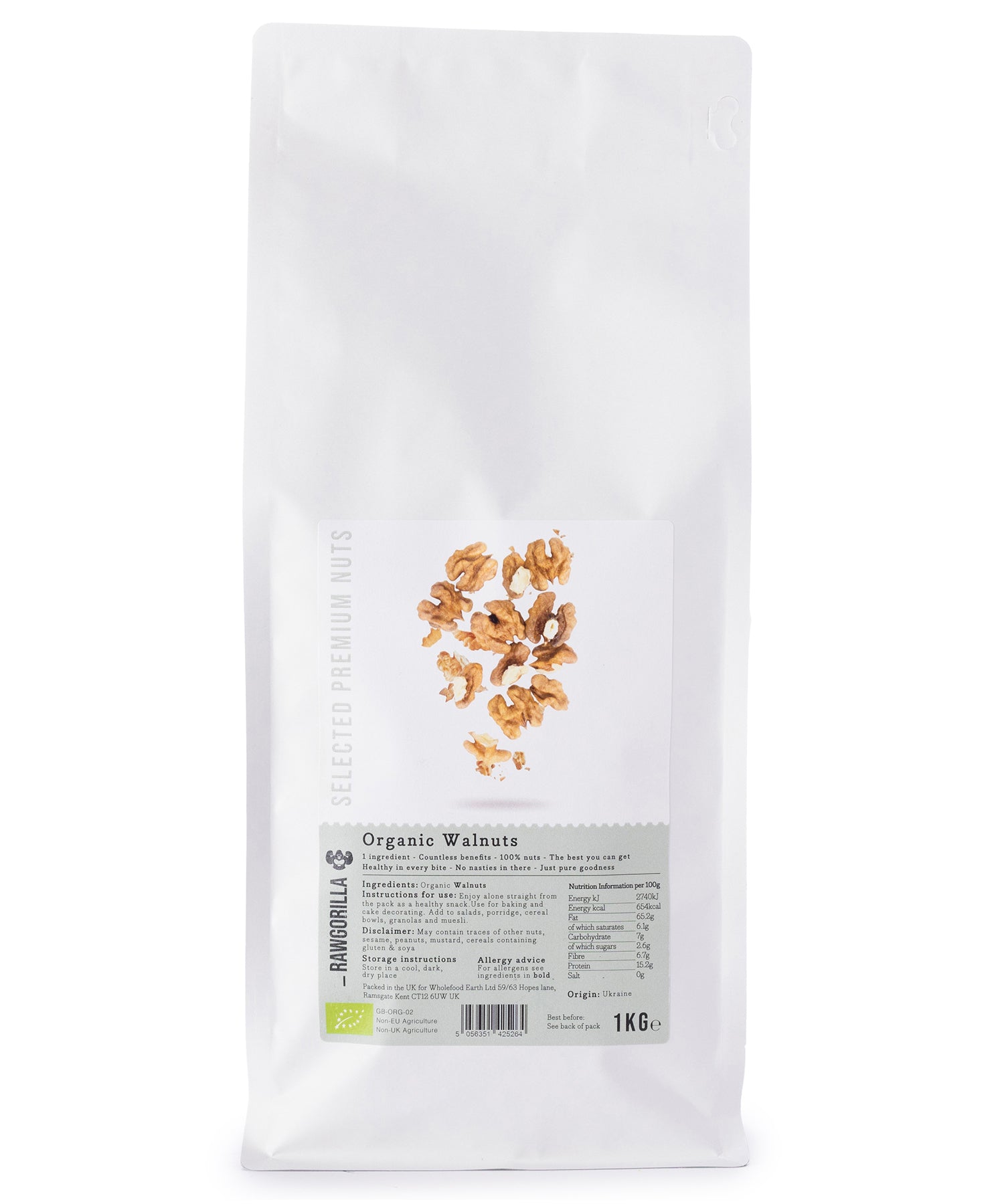 Organic walnuts from RAWGORILLA by Whole Food Earth, whole raw walnuts in a 1kg bag, natural and healthy nuts and seeds.