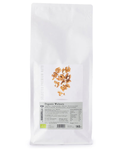Organic walnuts from RAWGORILLA by Whole Food Earth, whole raw walnuts in a 1kg bag, natural and healthy nuts and seeds.