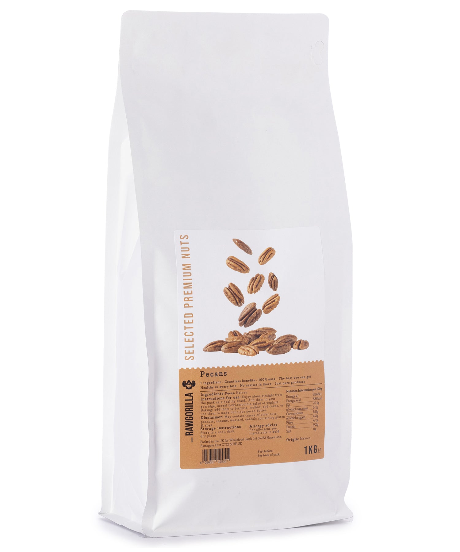 Raw Gorilla pecans in a 1kg bag from Whole Food Earth, showcasing whole, shelled pecans in a natural state.