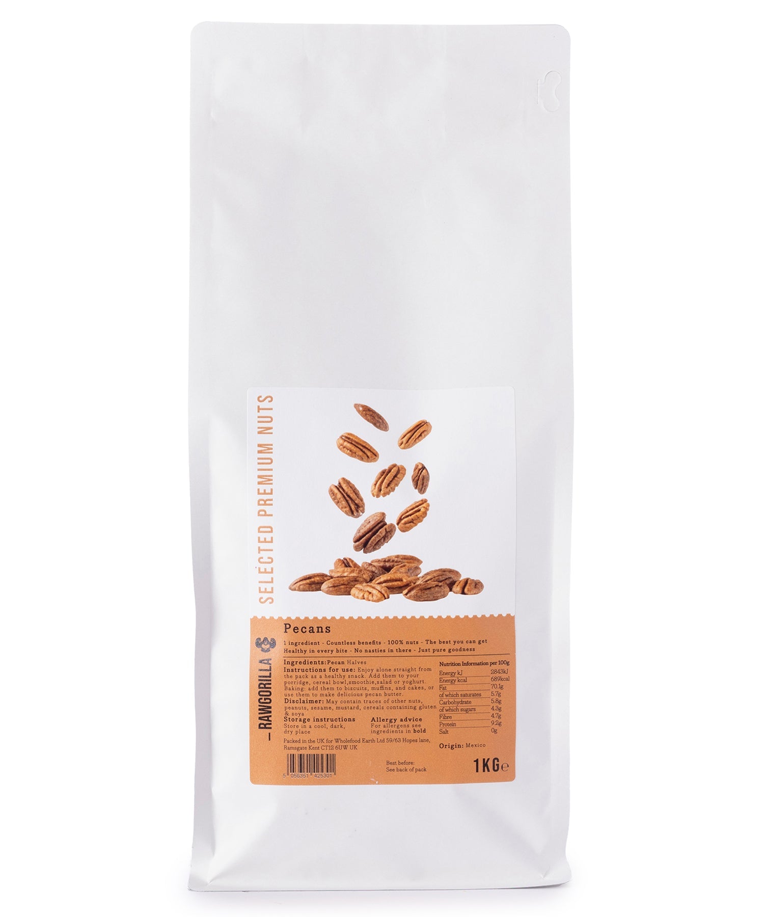 Raw Gorilla pecans in a 1kg bag from Whole Food Earth, close-up of shelled pecans with textured shells and natural nut interior.