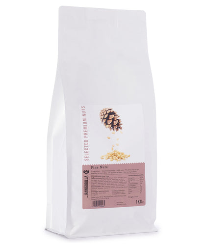 Raw pine nuts from RAWGORILLA in a 1kg bag, showcasing light beige, oval-shaped nuts ideal for snacking or cooking.