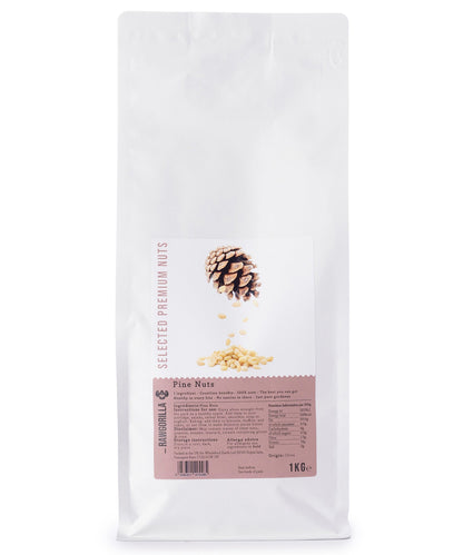 Raw pine nuts from RAWGORILLA, 1kg package, part of Whole Food Earth nuts and seeds collection, displayed in a clear bag.
