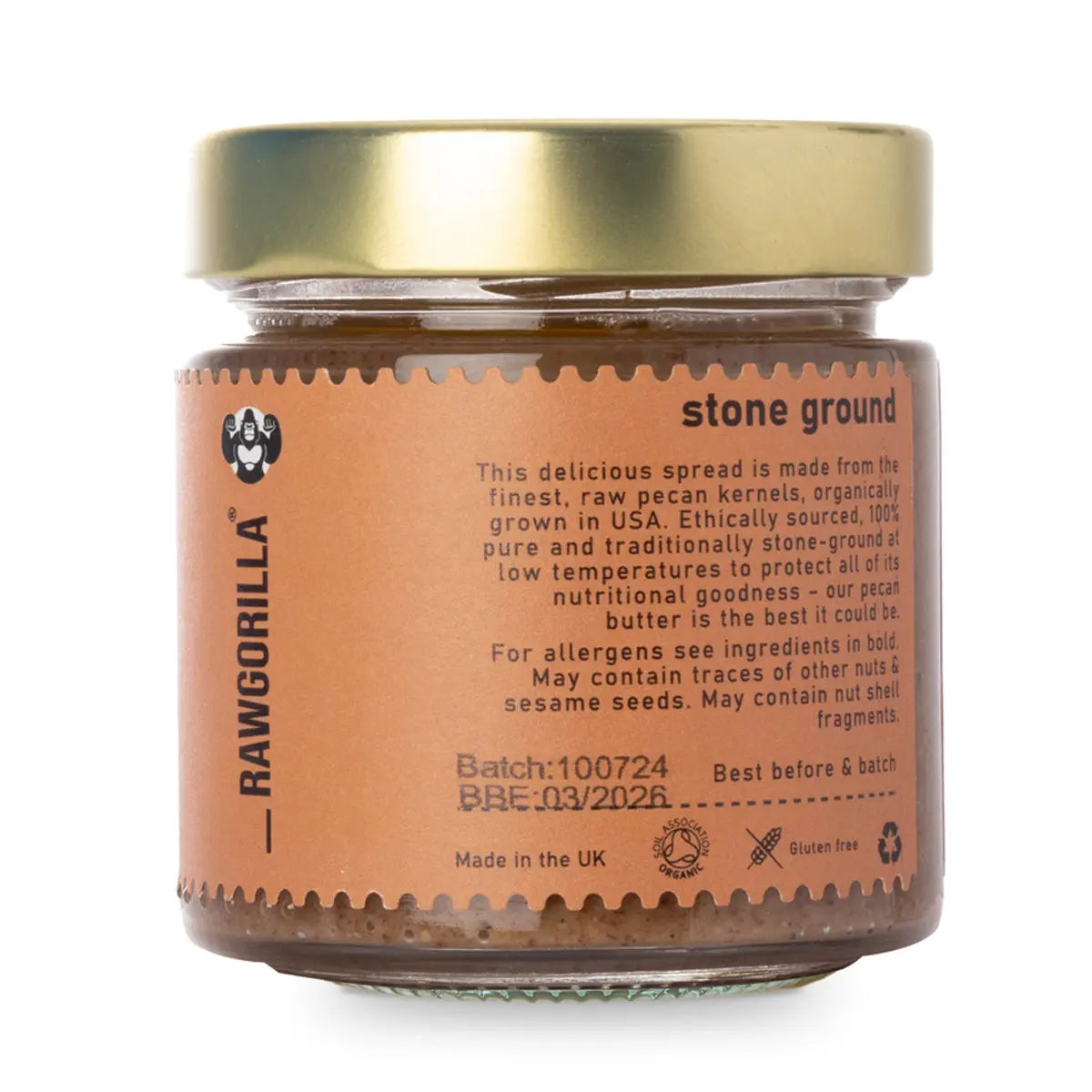 Raw Organic Pecan Butter by RAWGORILLA, creamy nut butter with whole pecans, from Whole Food Earth, in a jar.