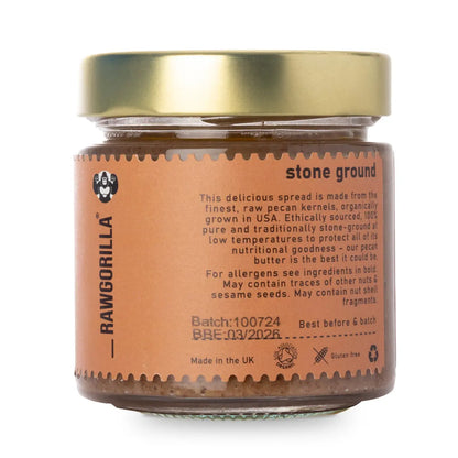 Raw Organic Pecan Butter by RAWGORILLA, creamy nut butter with whole pecans, from Whole Food Earth, in a jar.