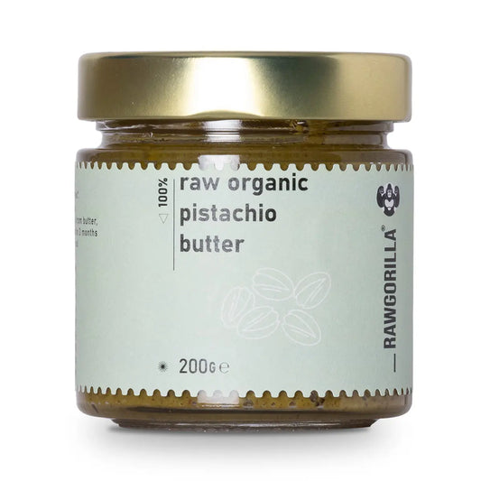 Organic raw pistachio butter from RAWGORILLA, natural nut butter in a jar, made with whole food ingredients.