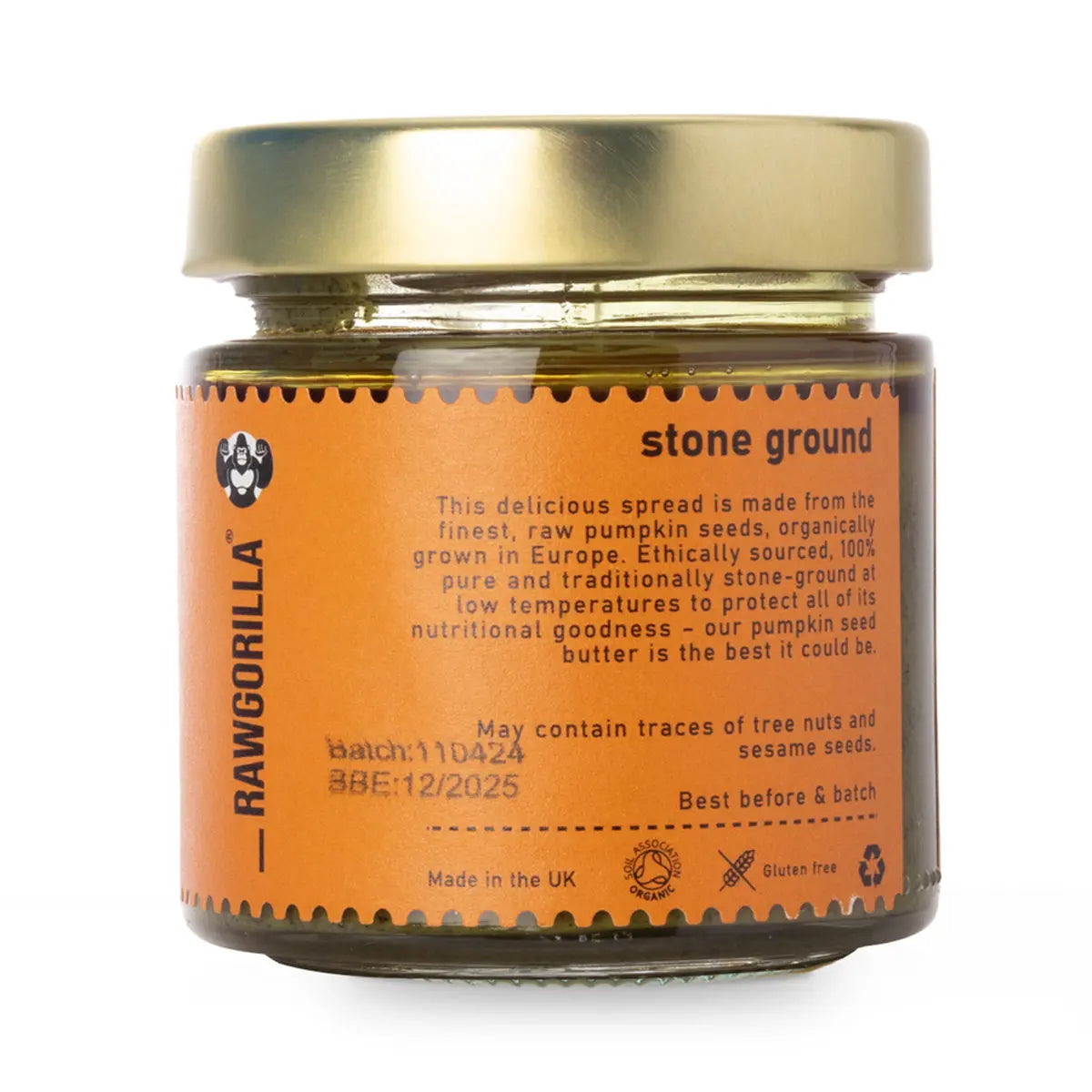 Raw Organic Pumpkin Seed Butter by RawGorilla, spreadable dip made from organic pumpkin seeds, in a jar with a smooth, nutty texture.