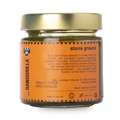 Raw Organic Pumpkin Seed Butter by RawGorilla, spreadable dip made from organic pumpkin seeds, in a jar with a smooth, nutty texture.