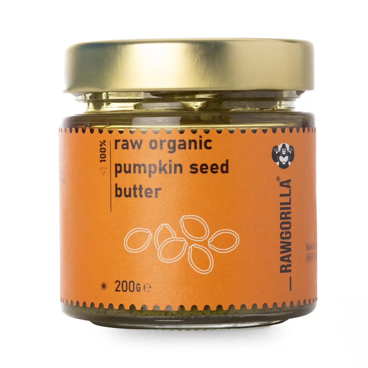 Raw organic pumpkin seed butter from RAWGORILLA in a jar, showcasing its creamy texture and natural color.
