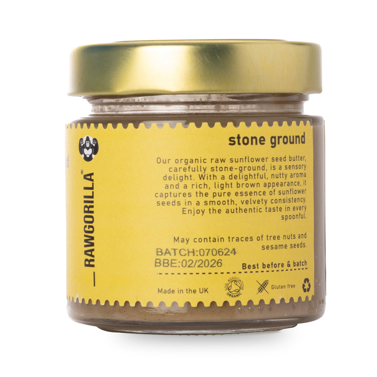 Raw Organic Sunflower Seed Butter by RAWGORILLA, a creamy spread in a jar, made from organic sunflower seeds for dips and spreads.