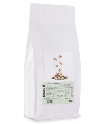Raw pistachios in a 1kg bag from RAWGORILLA, featuring whole, shelled nuts for snacking or cooking.