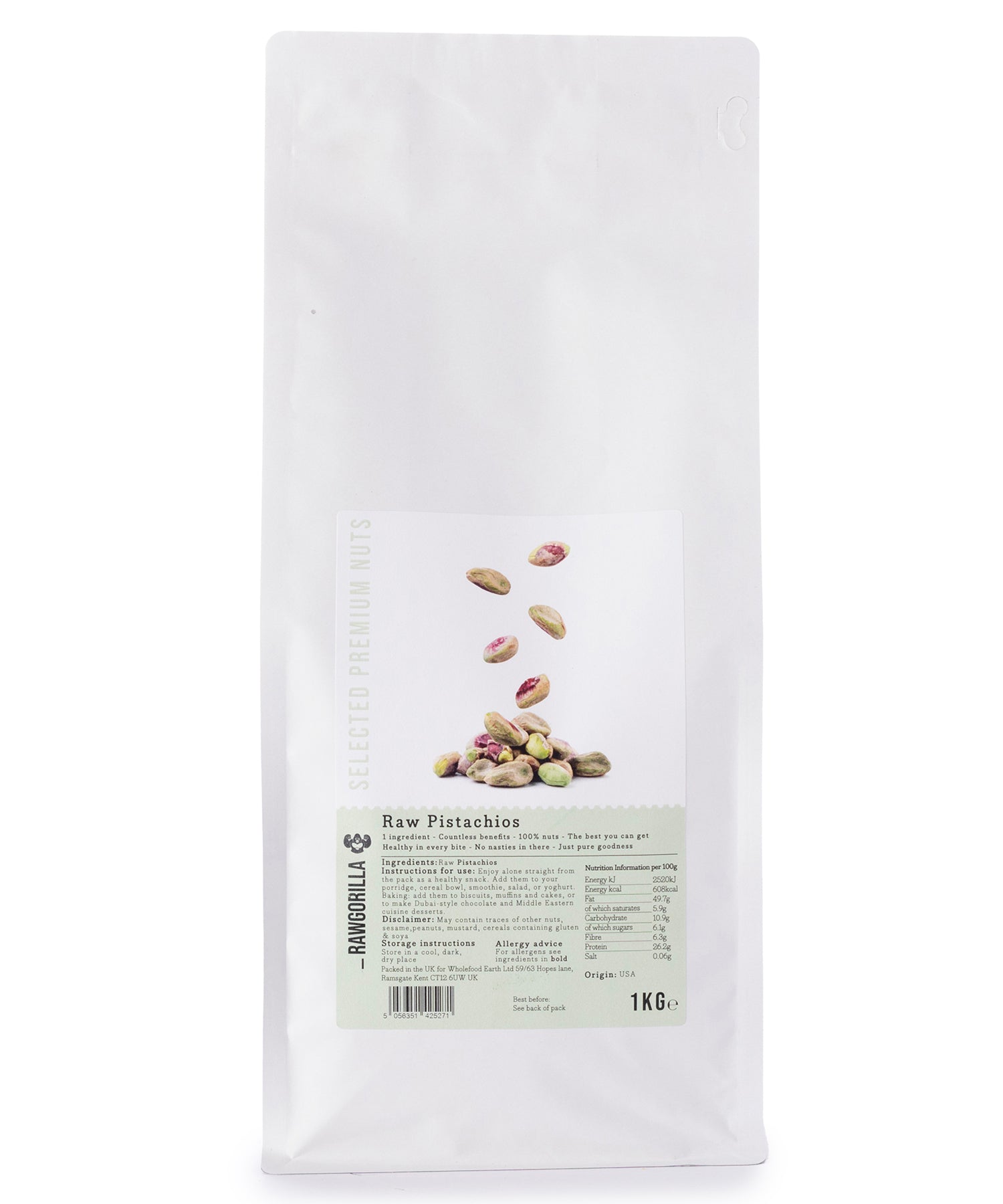 Raw pistachios from RAWGORILLA by Whole Food Earth, 1kg package, showing shelled green pistachios in a clear bowl.