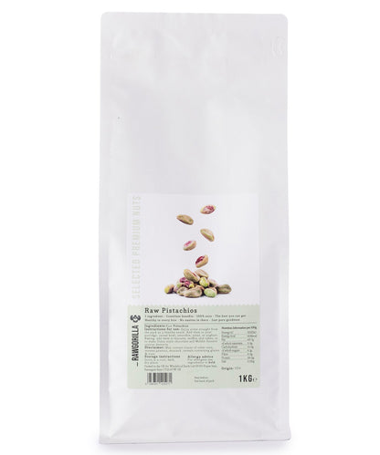 Raw pistachios from RAWGORILLA by Whole Food Earth, 1kg package, showing shelled green pistachios in a clear bowl.