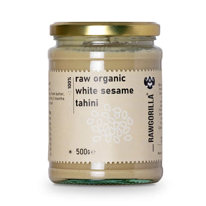 Raw Organic White Sesame Tahini by Whole Food Earth, a creamy dip and spread made from pure organic white sesame seeds.