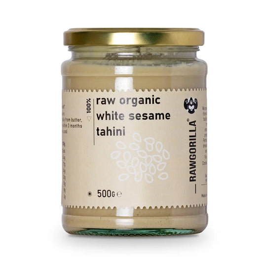 Raw Organic White Sesame Tahini by Whole Food Earth, a creamy dip and spread made from pure organic white sesame seeds.