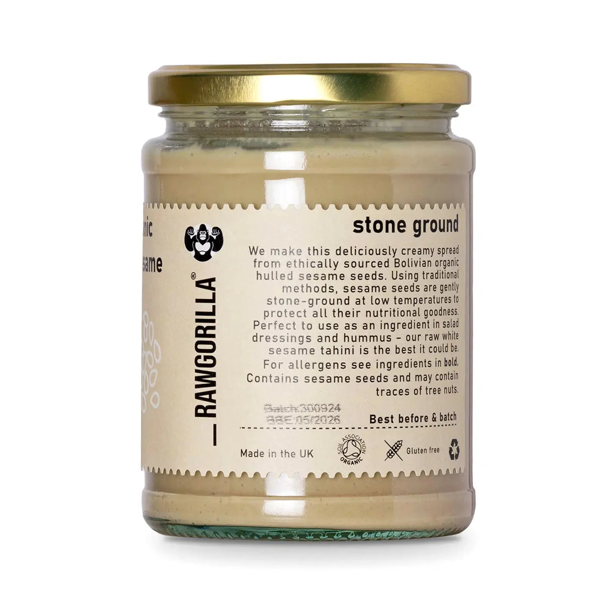 Raw Organic White Sesame Tahini from RawGorilla, a creamy spread made from whole food earth organic white sesame seeds.