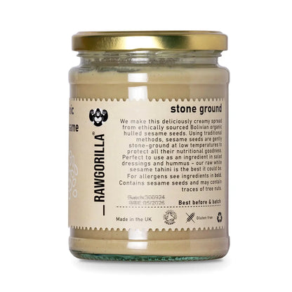 Raw Organic White Sesame Tahini from RawGorilla, a creamy spread made from whole food earth organic white sesame seeds.