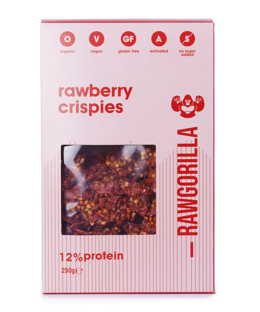 Whole Food Earth Rawberry Crispies by Raw Gorilla in a 250g package, breakfast cereal with fresh strawberry flavor and crispy texture.