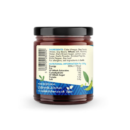 Back view of RoniBs Kitchen Filipino Adobo Sauce bottle, showcasing the rich, dark condiment used in authentic Philippine cuisine.