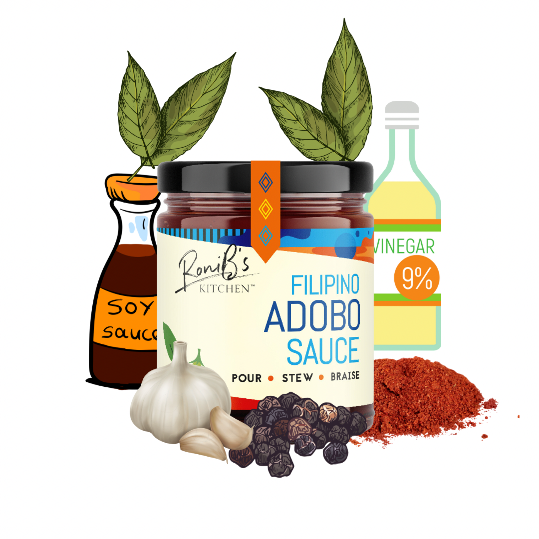 Bottle of RoniBs Kitchen Filipino Adobo Sauce with ingredients, showcasing the rich, flavorful condiment for Philippine cuisine.