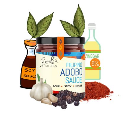 Bottle of RoniBs Kitchen Filipino Adobo Sauce with ingredients, showcasing the rich, flavorful condiment for Philippine cuisine.