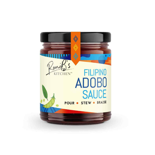 RoniBs Kitchen Filipino Adobo Sauce bottle, rich and flavorful condiments and sauces for Philippine cuisine.