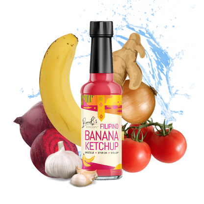 Bottle of RoniBs Kitchen Filipino-style banana ketchup with ingredients visible on the label, showcasing a sweet and tangy condiment.